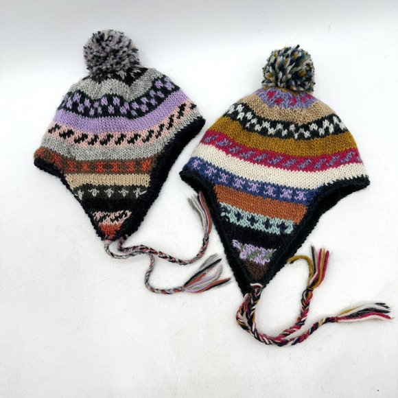 KTS Handmade 100% Wool Hat Kids Toddlers Fleece Lined Striped Nepal Lot of 2 - Picture 1 of 11